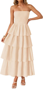 Women‘s Summer Boho Strapless Maxi Dress 2026 Casual Sleeveless Off Shoulder Smocked Tiered Beach Long Sundress