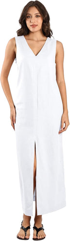 Women's Linen Cotton Dress V Neck Slit Hem with Hidden Pockets Casual Maxi Dress