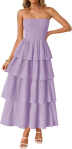 Women‘s Summer Boho Strapless Maxi Dress 2026 Casual Sleeveless Off Shoulder Smocked Tiered Beach Long Sundress