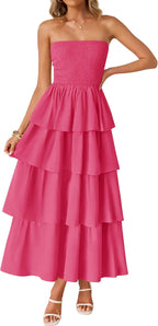 Women‘s Summer Boho Strapless Maxi Dress 2026 Casual Sleeveless Off Shoulder Smocked Tiered Beach Long Sundress