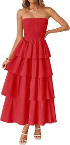 Women‘s Summer Boho Strapless Maxi Dress 2026 Casual Sleeveless Off Shoulder Smocked Tiered Beach Long Sundress